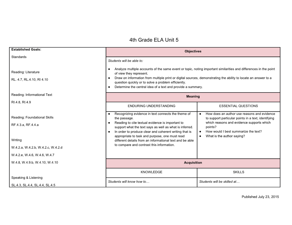 Grade 4 ELA Unit 5