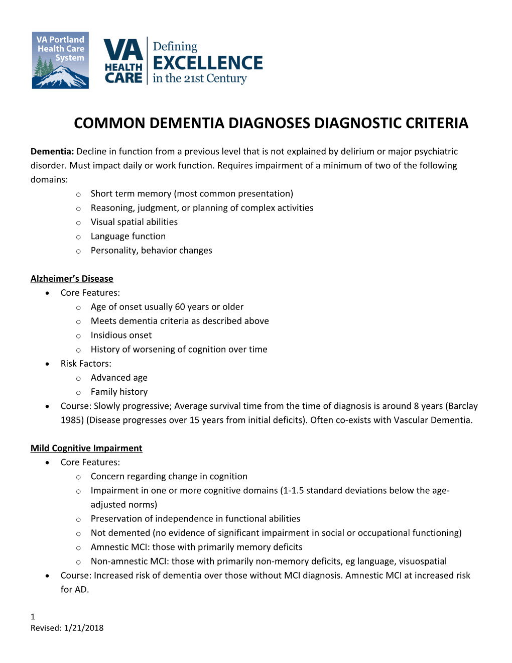 Common Dementia Diagnoses Diagnostic Criteria
