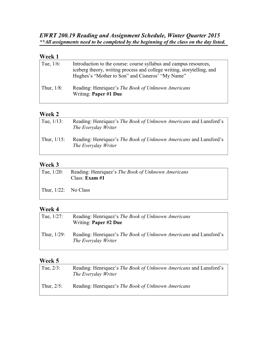EWRT 200.19 Reading and Assignment Schedule, Winter Quarter 2015