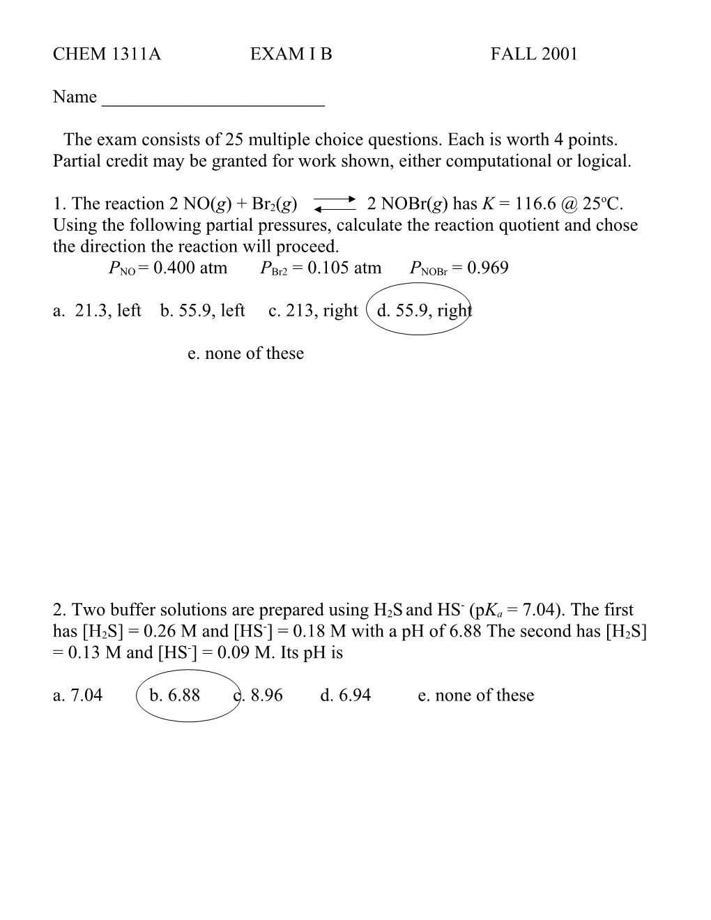 Chem 1311A Exam I a Fall 2001 s2