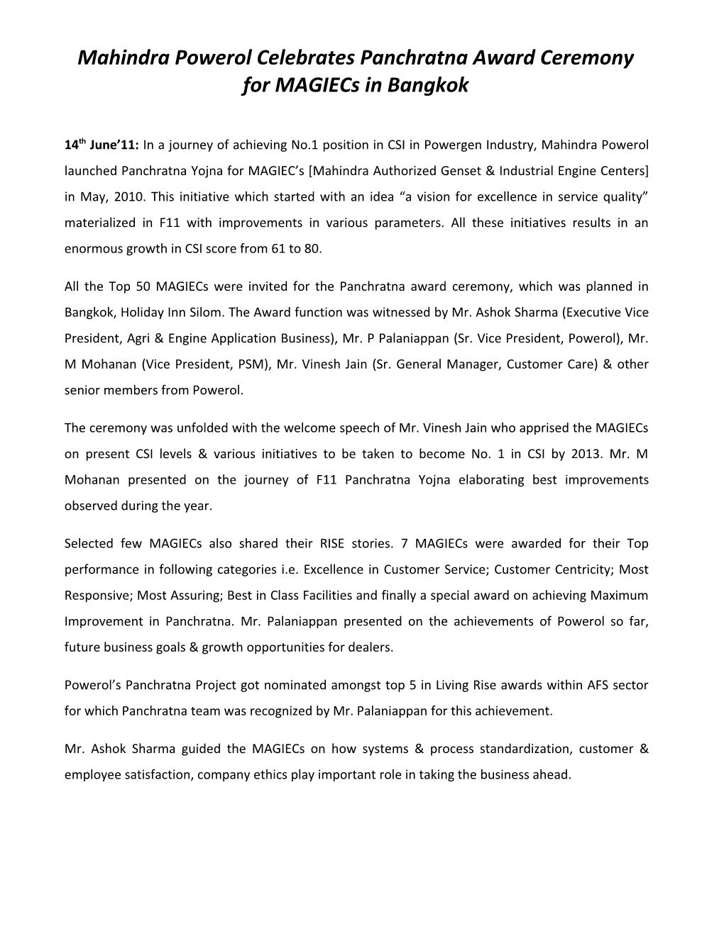 Mahindra Powerol Celebrates Panchratna Award Ceremony for Magiecs in Bangkok
