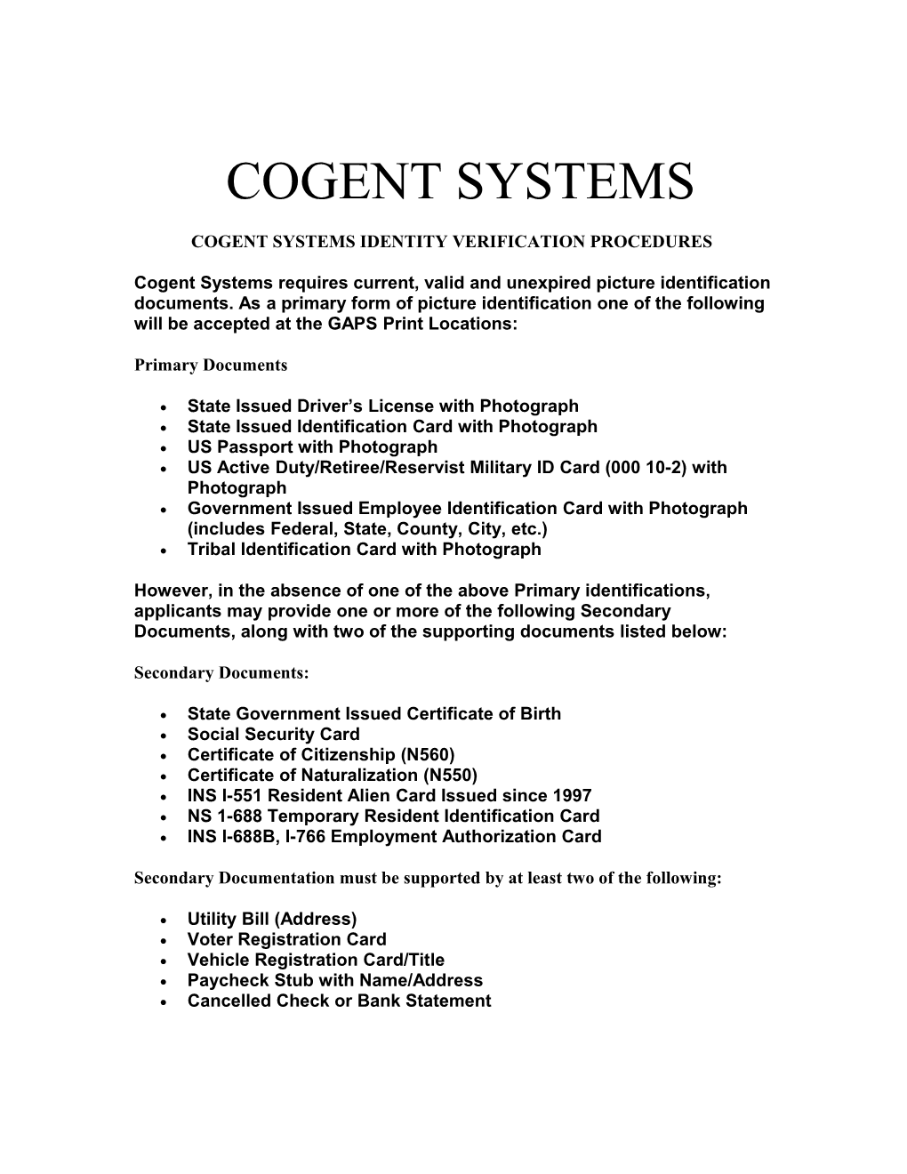 Cogent Systems Identity Verification Procedures