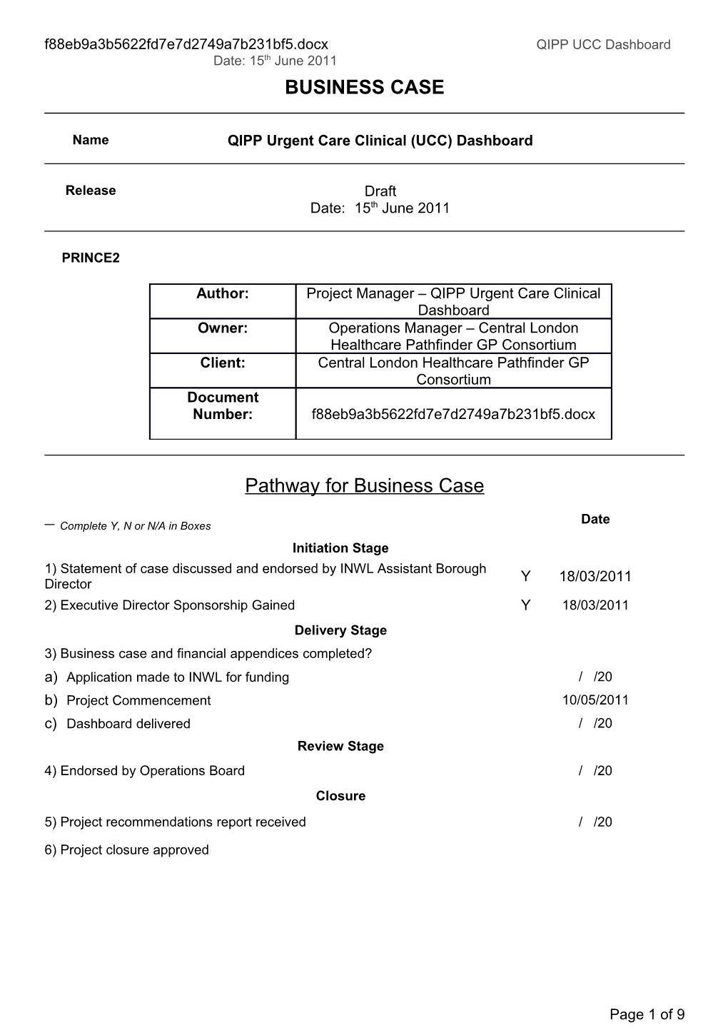 Pathway for Business Case