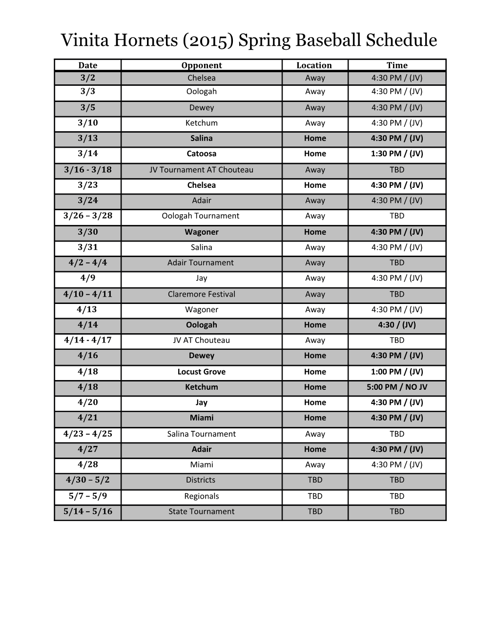 Vinita Hornets (2015) Spring Baseball Schedule