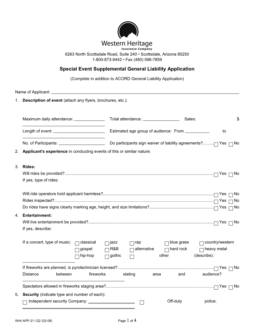 Special Event Supplemental General Liability Application