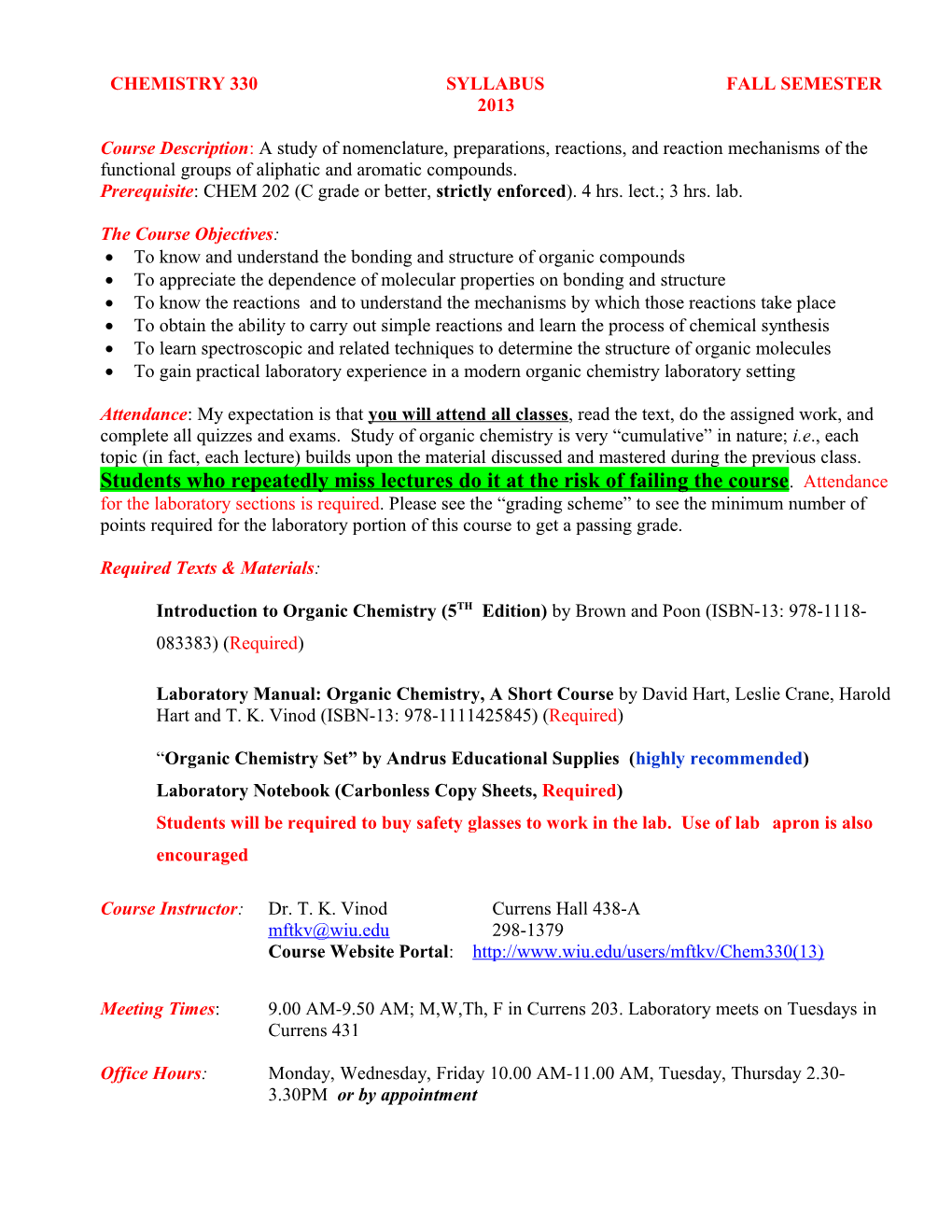 CHEMISTRY 330 Syllabus Fall Semester 2013