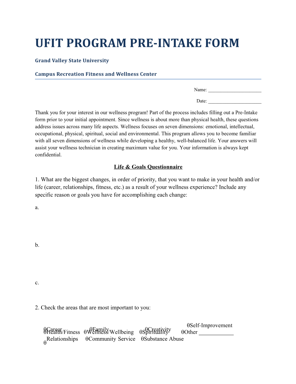 Ufit Program Pre-Intake Form