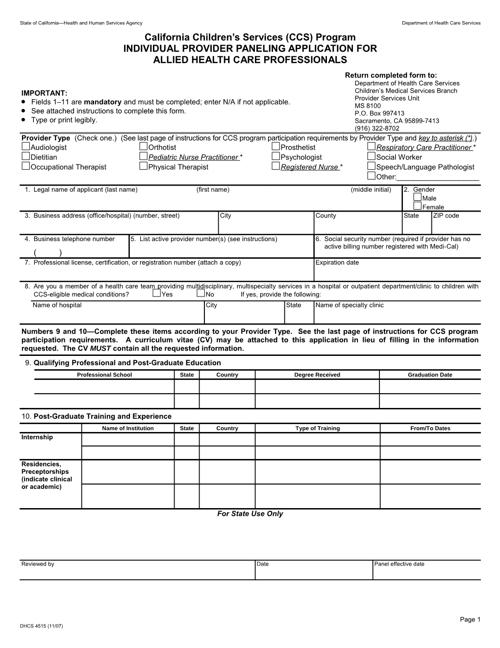 Form: California Children S Services (CCS) Program Individual Provider Paneling Application
