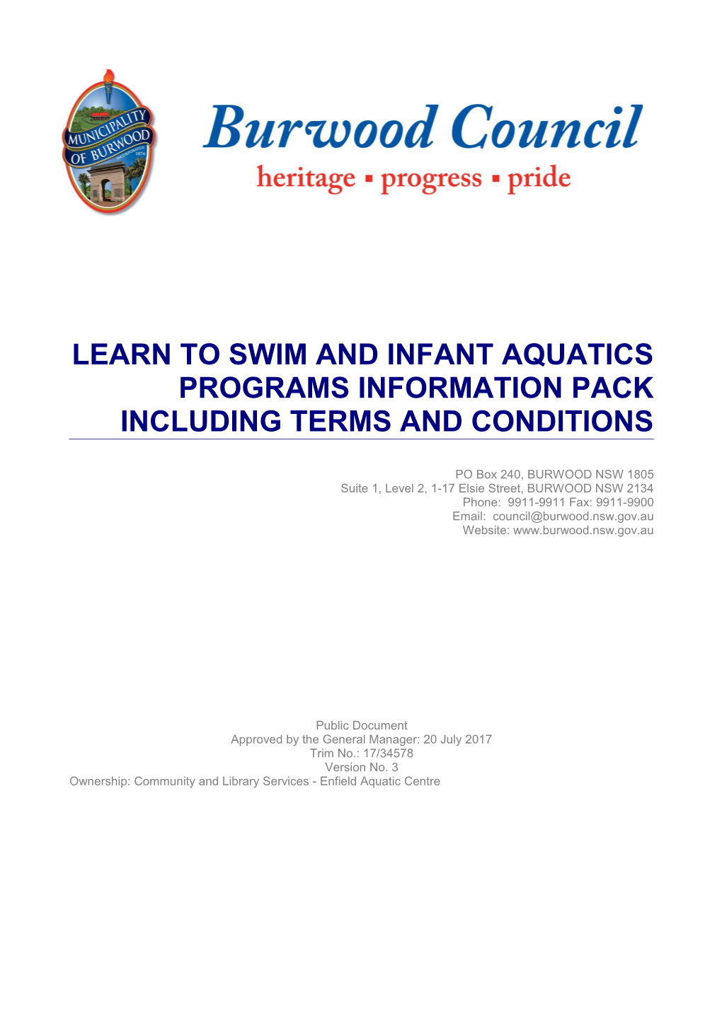 Learn to Swim and INFANT AQUATICS PROGRAMS INFORMATION Pack Including Terms and Conditions