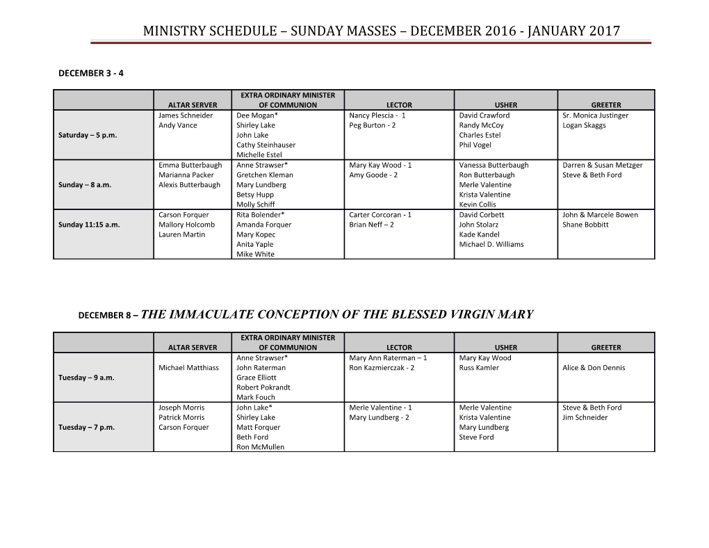 Ministry Schedule Sunday Masses December 2016 - January 2017