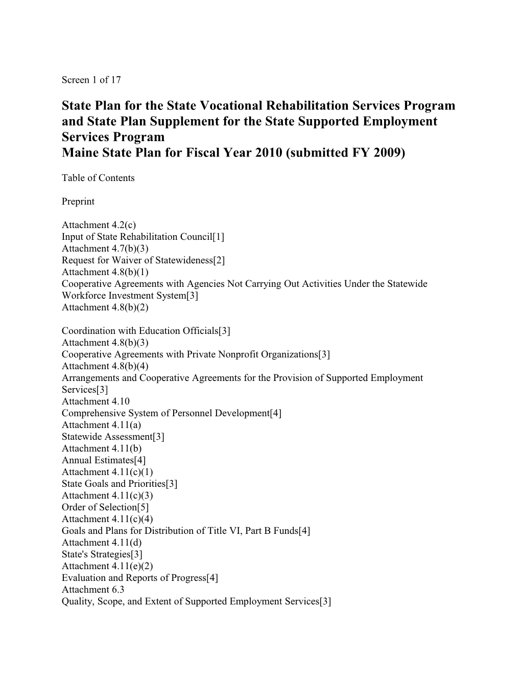 Maine State Plan for Fiscal Year 2010 (Submitted FY 2009)
