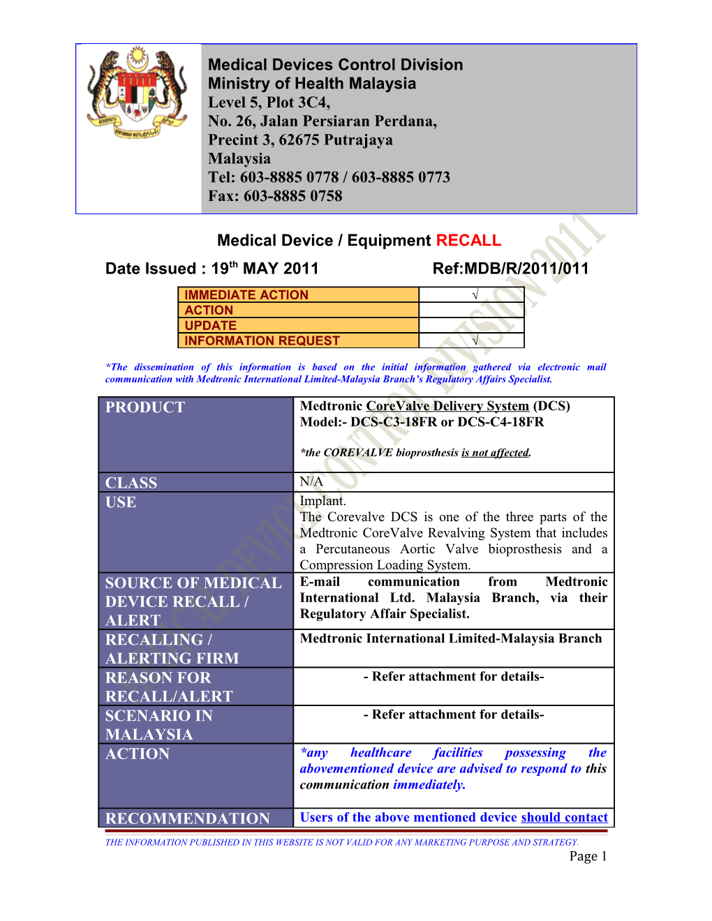 Date Issued :19Thmay 2011 Ref:MDB/R/2011/011