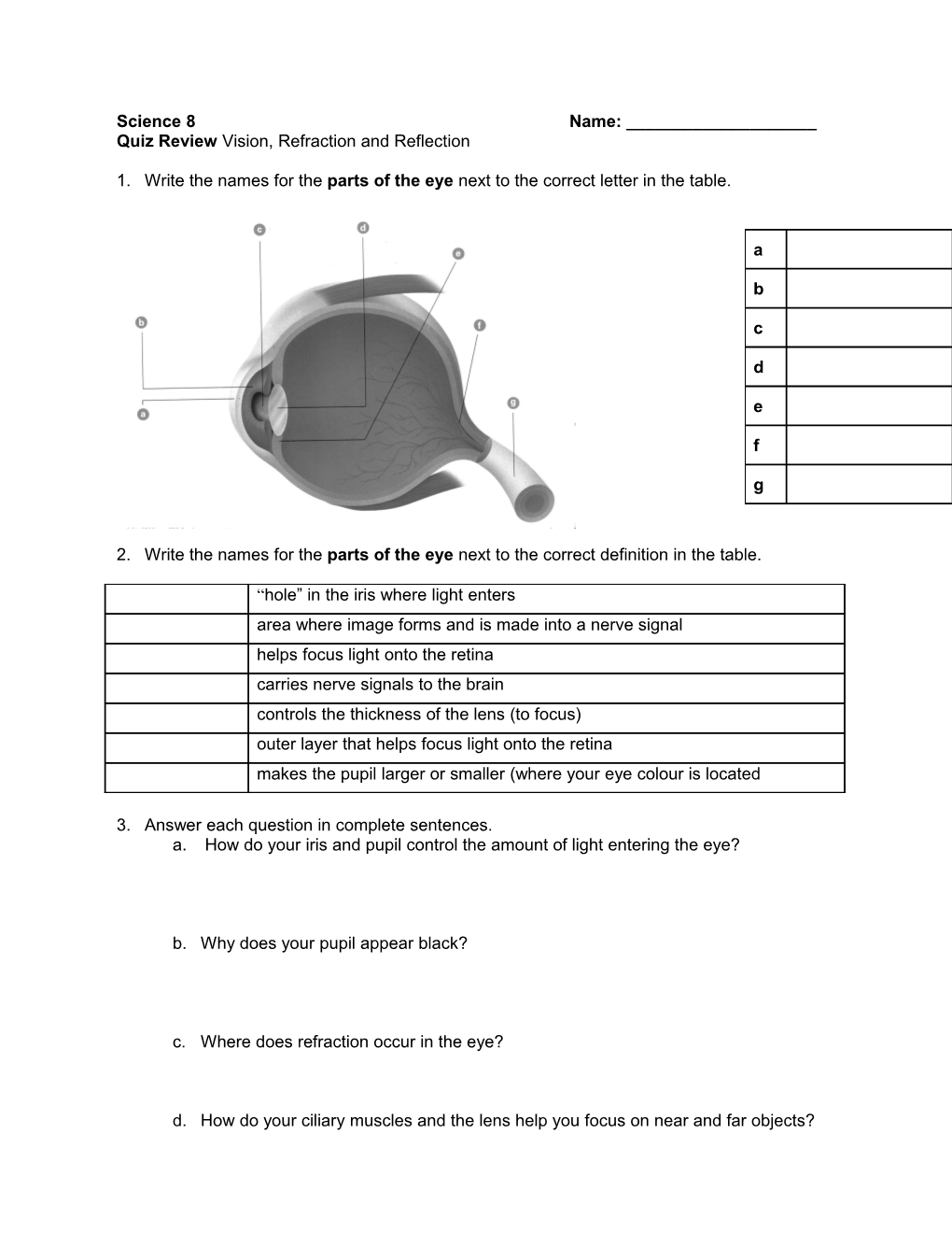 Quiz Review Vision, Refraction and Reflection s1