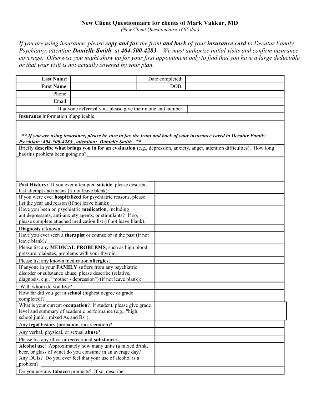 New Client Questionnaire for Clients of Mark Vakkur, MD