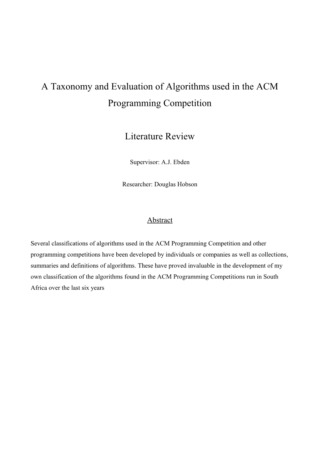 A Taxonomy of Algorithms Used in the ACM Programming Competition