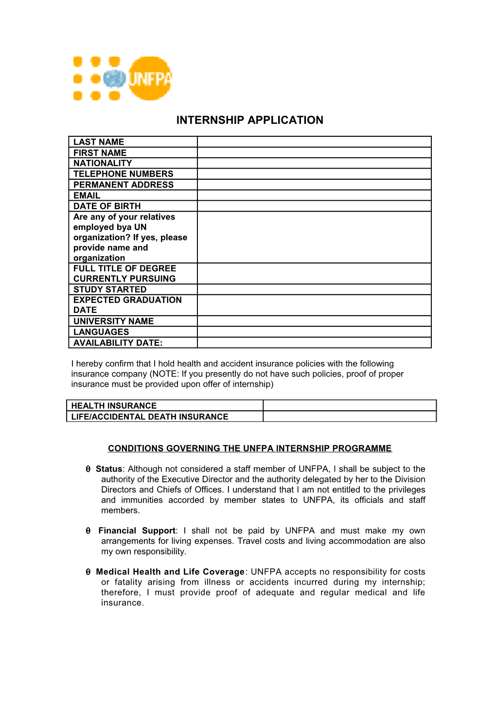 Conditions Governing the Unfpa Internship Programme