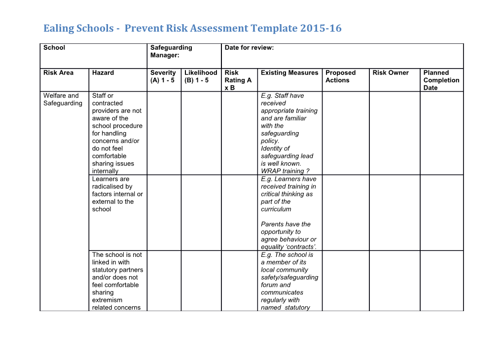 Ealing Schools - Prevent Risk Assessment Template 2015-16