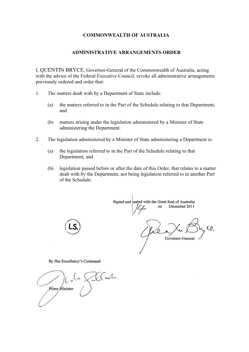 Administrative Arrangements Order - 14 December 2011