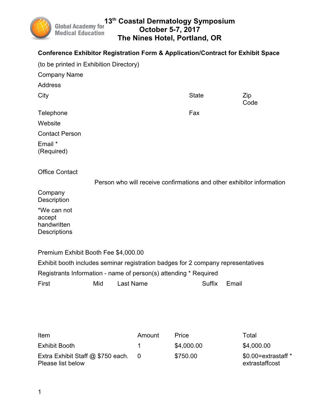 Conference Exhibitor Registration Form & Application/Contract for Exhibit Space