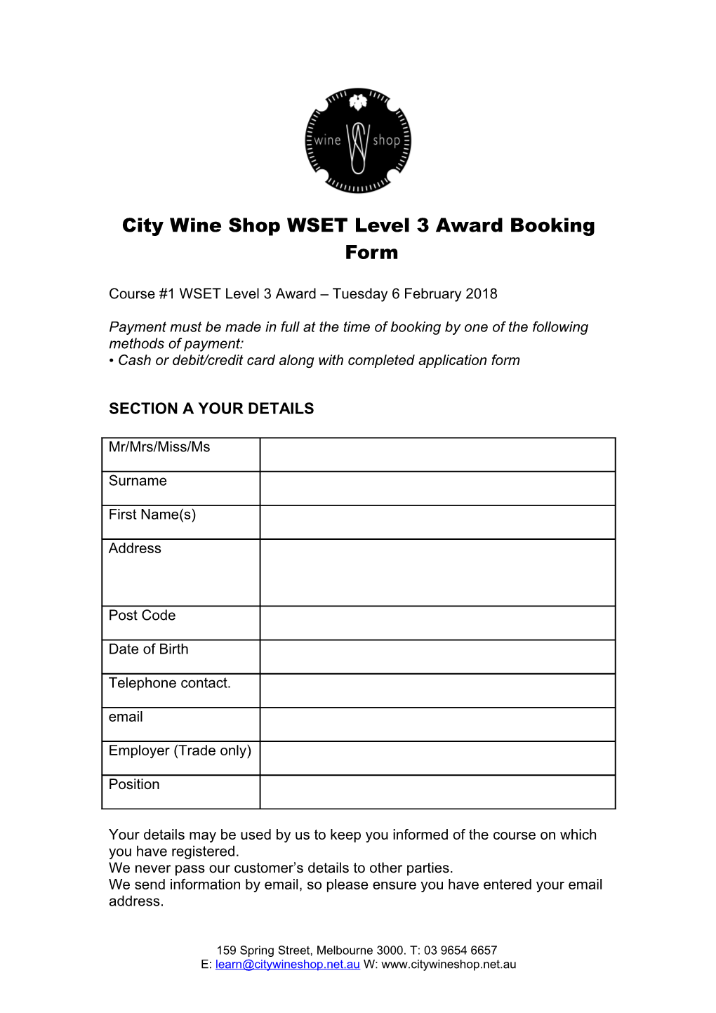 WSET Level 2 Award Booking Form