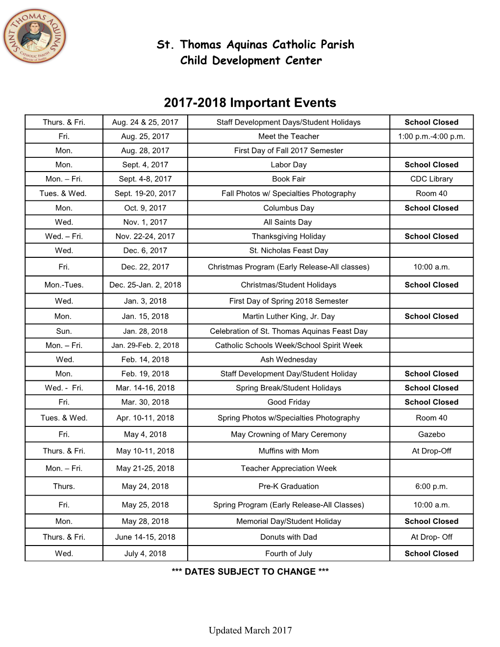 2017-2018 Important Events