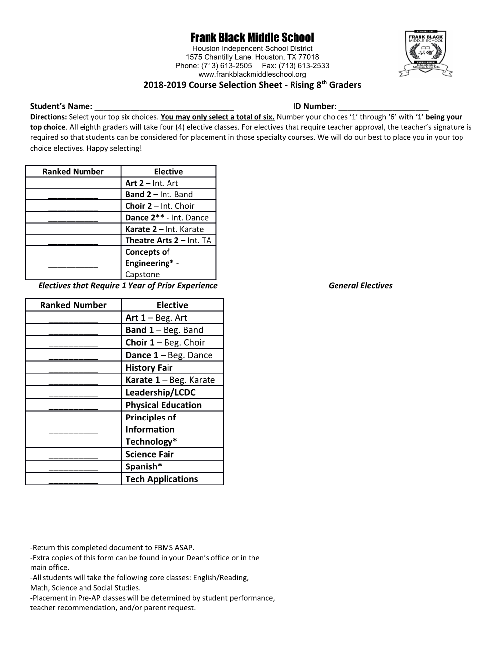 2018-2019 Course Selection Sheet - Rising 8Th Graders