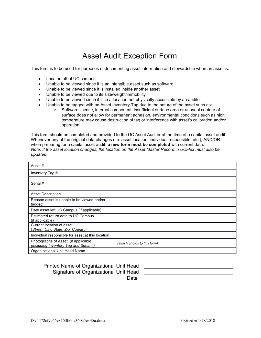 Asset Audit Exception Form