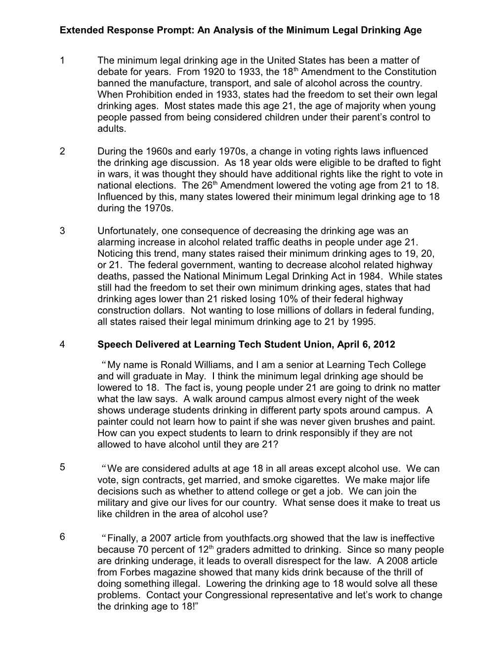 Extended Response Prompt: an Analysis of the Minimum Legal Drinking Age