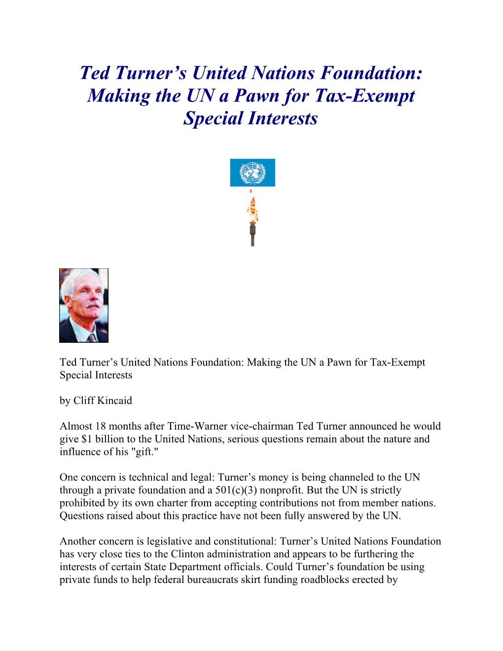 Ted Turner Offers $35 Million to Help U.S. Pay U.N. Dues