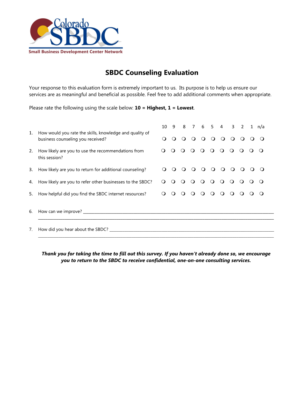 SBDC Counseling Evaluation