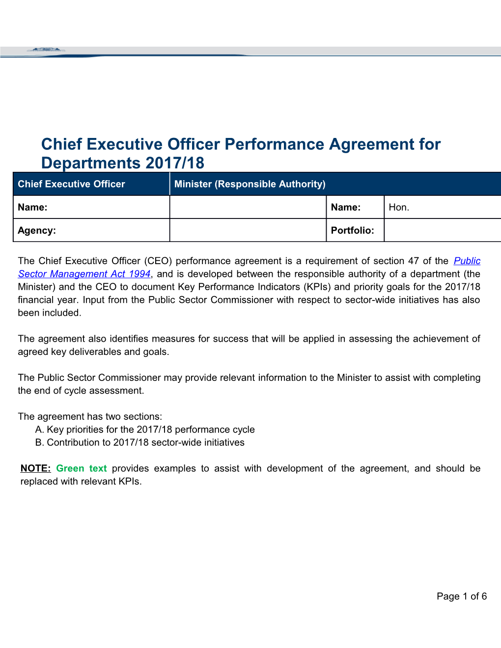 Chief Executive Officer Performance Agreement for Departments 2017/18