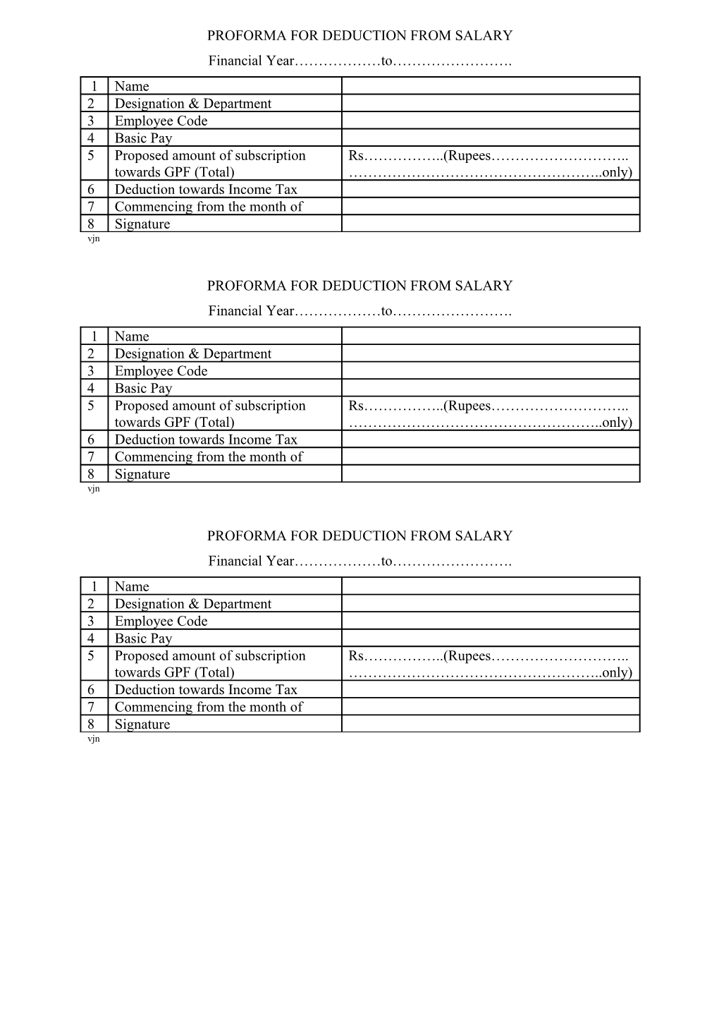 Proforma for Deduction from Salary