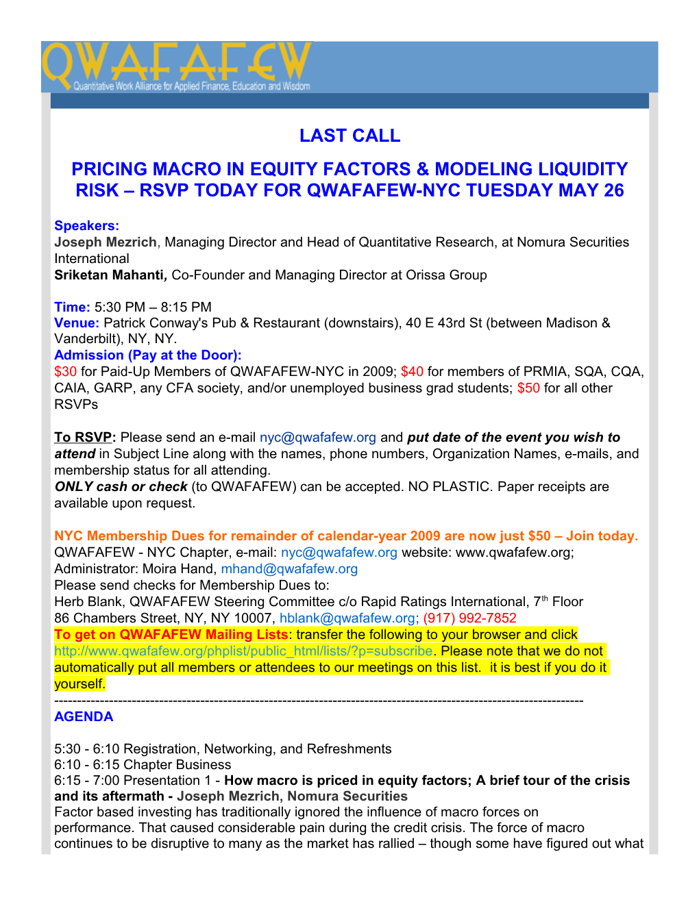 Last Call Pricing Macro in Equity Factors & Modeling Liquidity Risk Rsvp Today for Qwafafew-Nyc