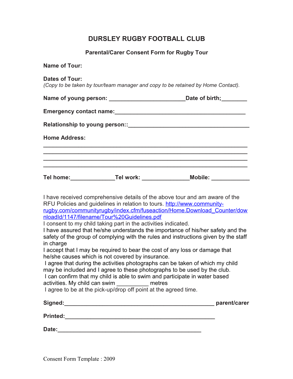 Parental/Carer Consent Form for Rugby Tour