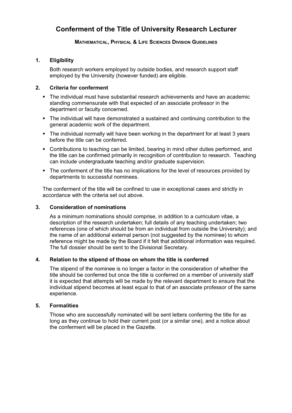 Guidelines for the Conferment of the Title of University Research Lecturer