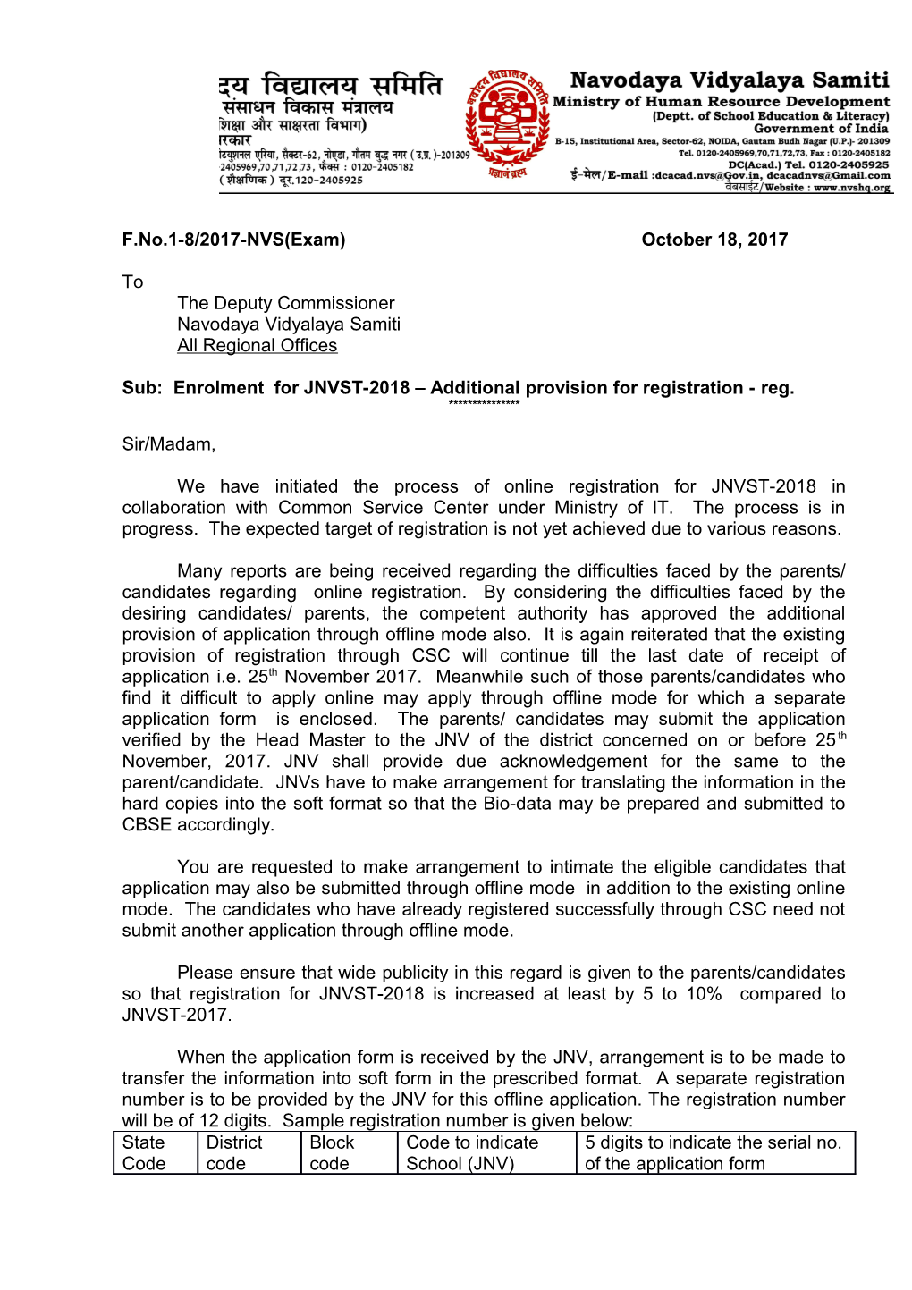 Sub:Enrolment for JNVST-2018 Additional Provision for Registration - Reg