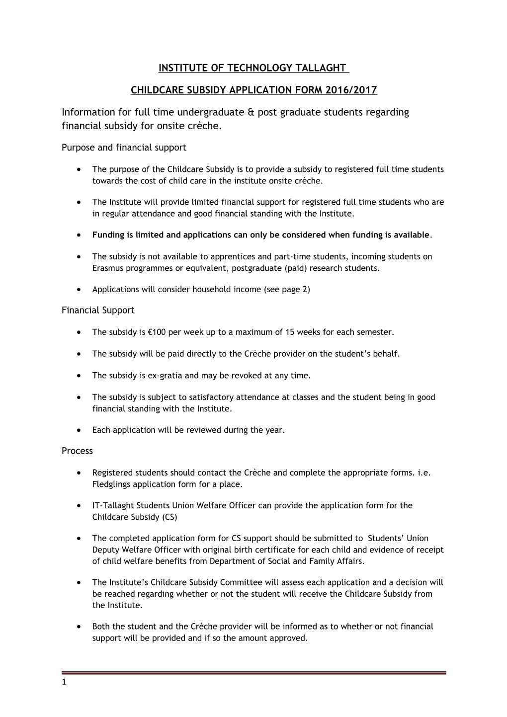 Childcare Subsidy Application Form 2016/2017