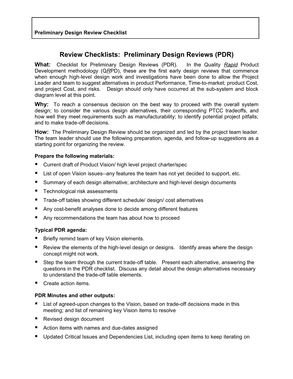 Review Checklists: Preliminary Design Reviews (PDR)