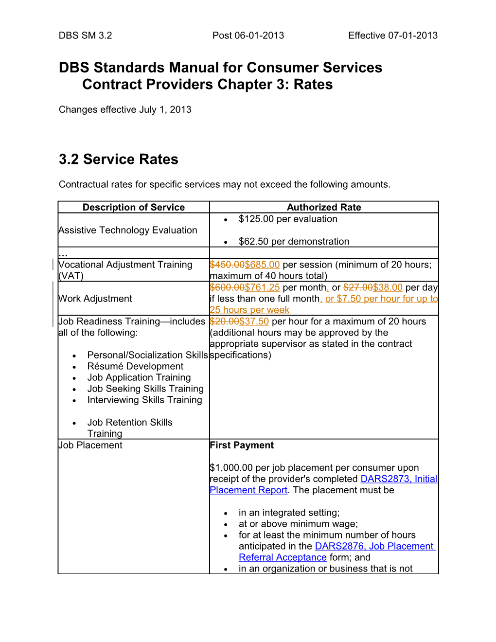 DBS Standards Manual for Consumer Services Contract Providers Chapter 3 Revisions, July 2013