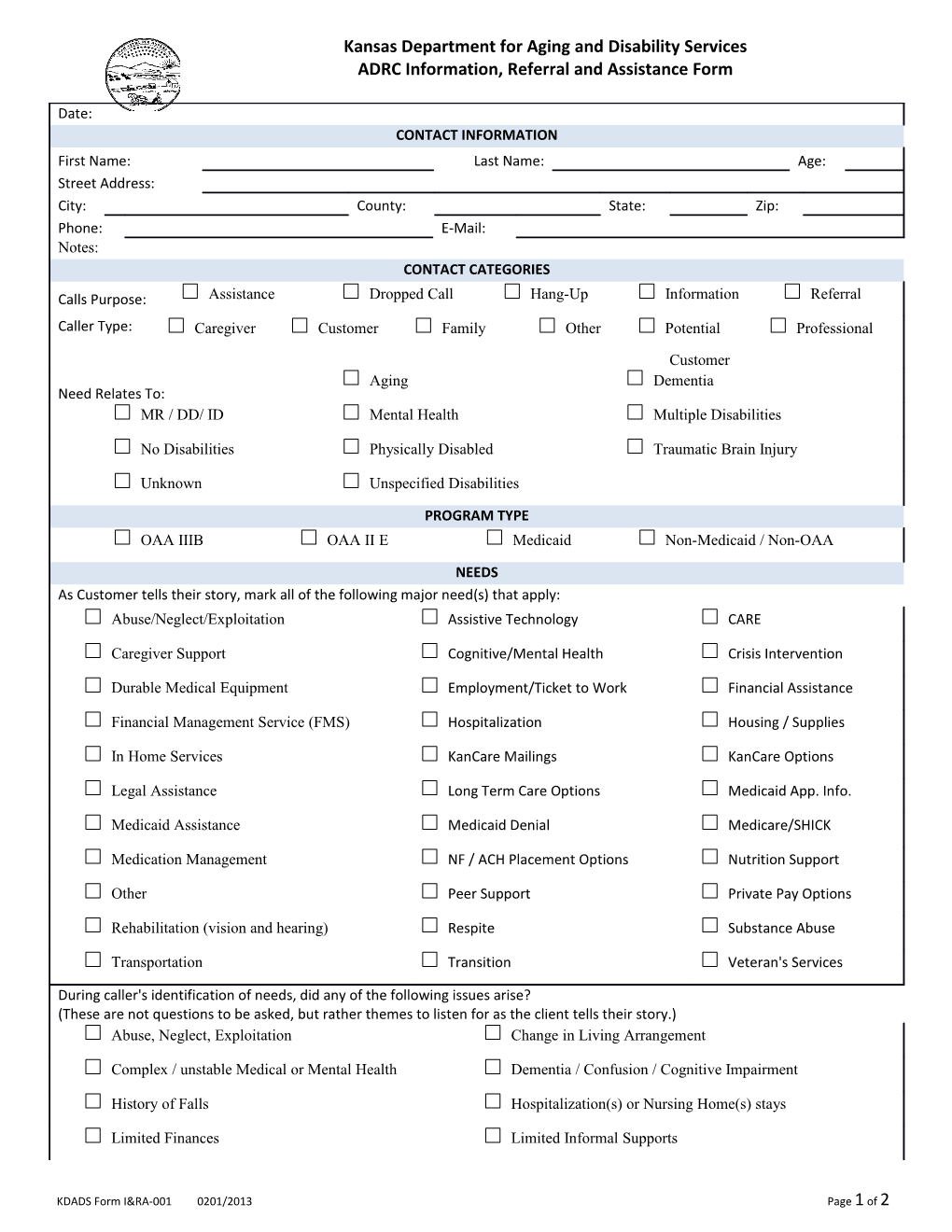 ADRC Information, Referral and Assistance Form