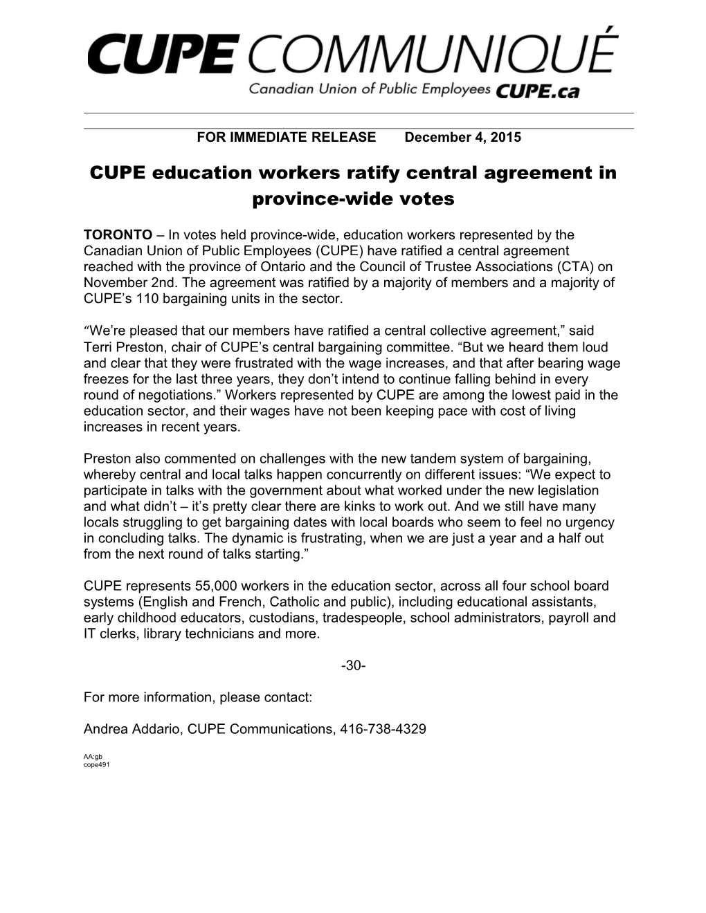 CUPE Education Workers Ratify Central Agreement in Province-Wide Votes