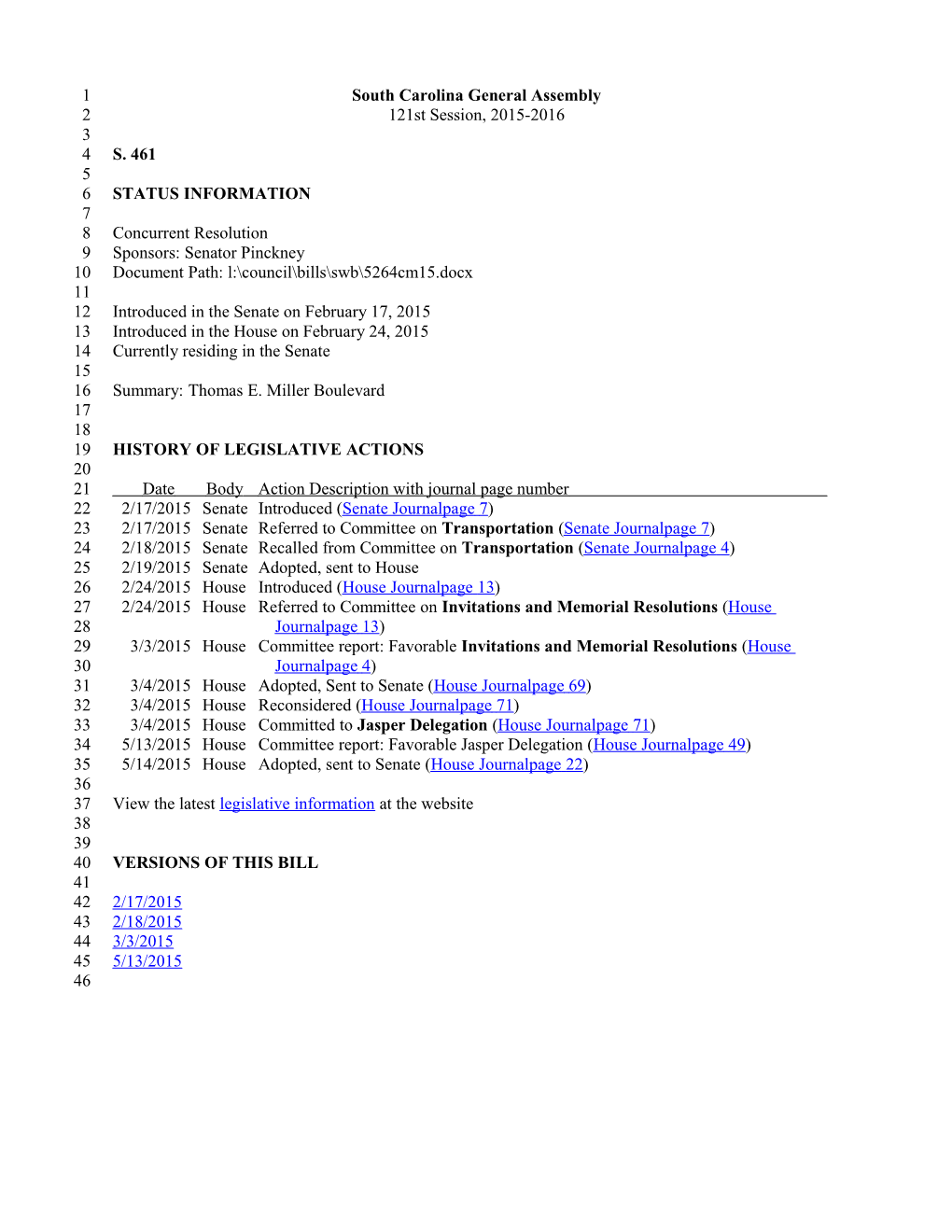 2015-2016 Bill 461: Thomas E. Miller Boulevard - South Carolina Legislature Online