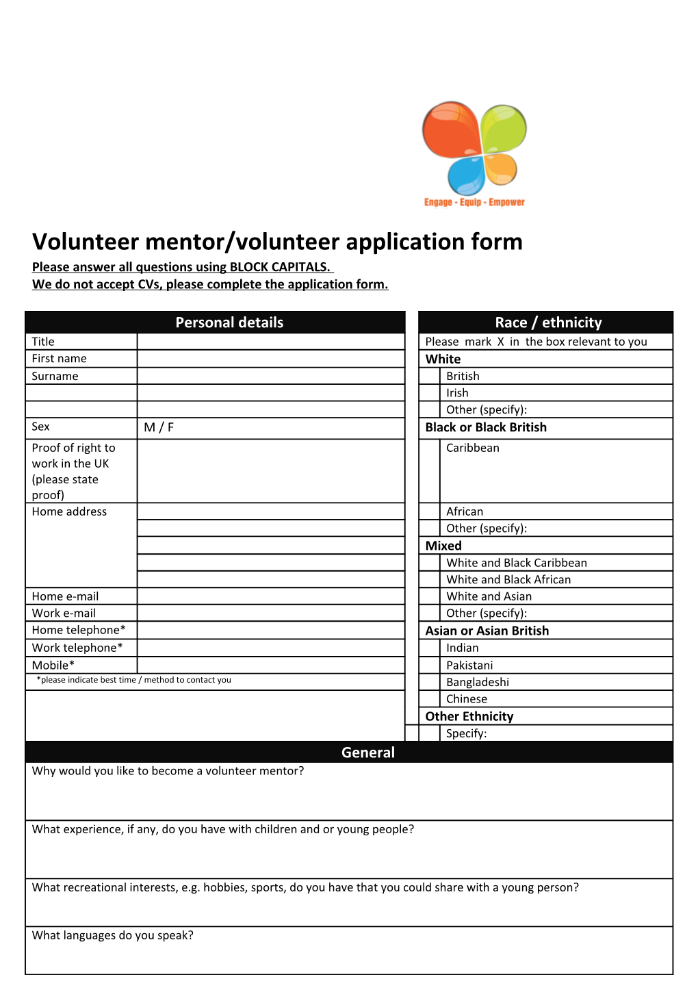 Volunteer Mentor/Volunteer Application Form