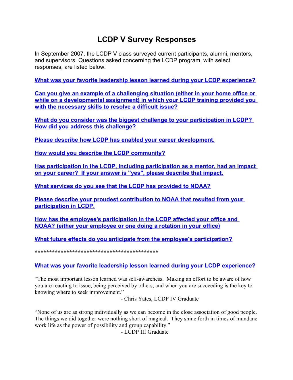 LCDP Questionnaire Responses