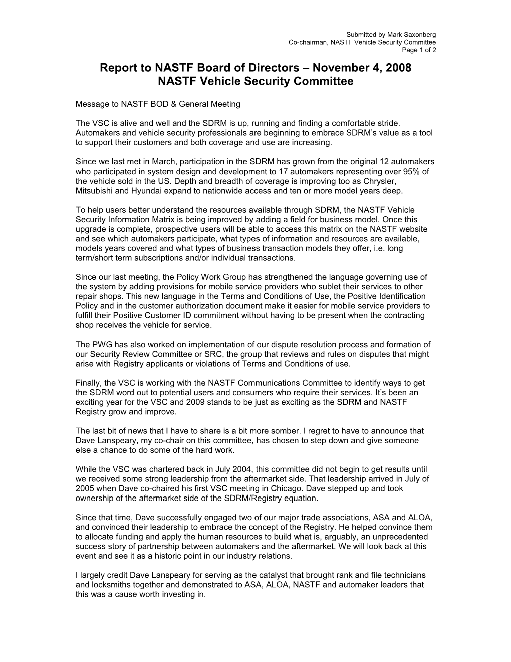 Report to NASTF Board of Directors November 4, 2008