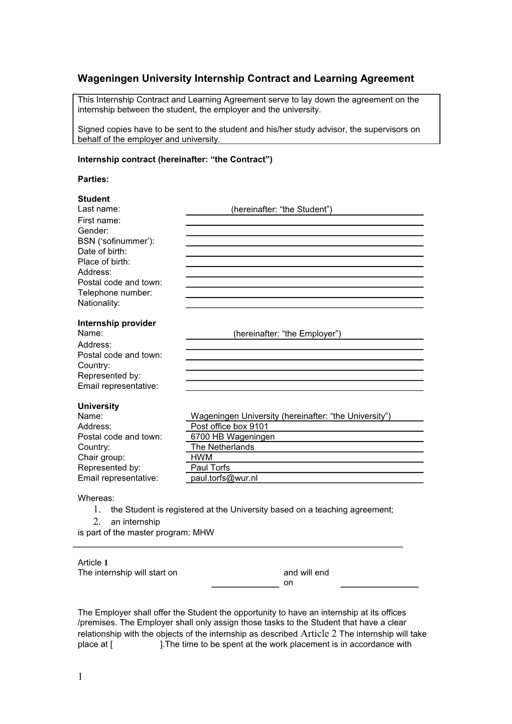 Course Guide Specimen Internship at Wageningen University s1