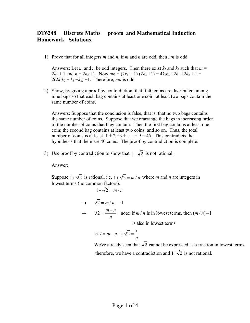 DT6248 Discrete Maths Proofs and Mathematical Induction Homework Solutions