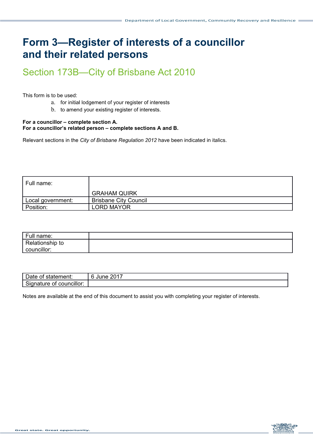 Form 3 - Register of Interests of a Councillor and Their Related Persons