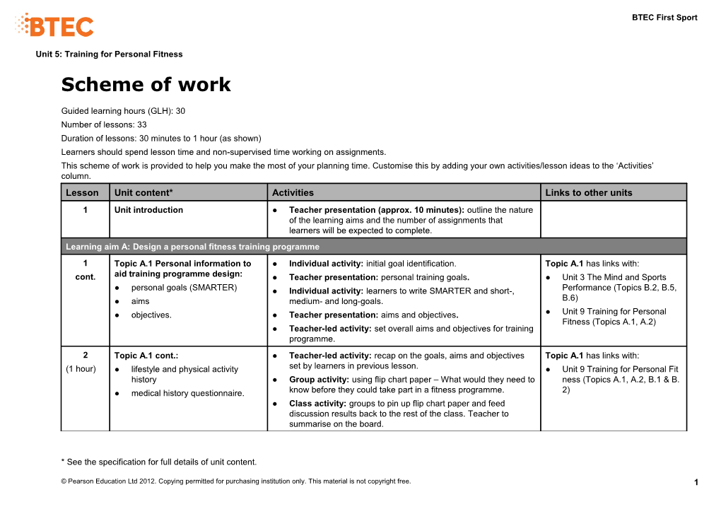 Unit 5: Training for Personal Fitness - Scheme of Work (Version 1 Sept 14)