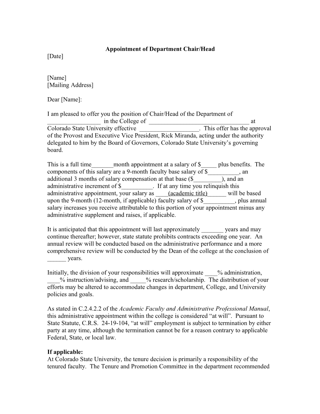 Appointment of Associate Or Assistant Dean